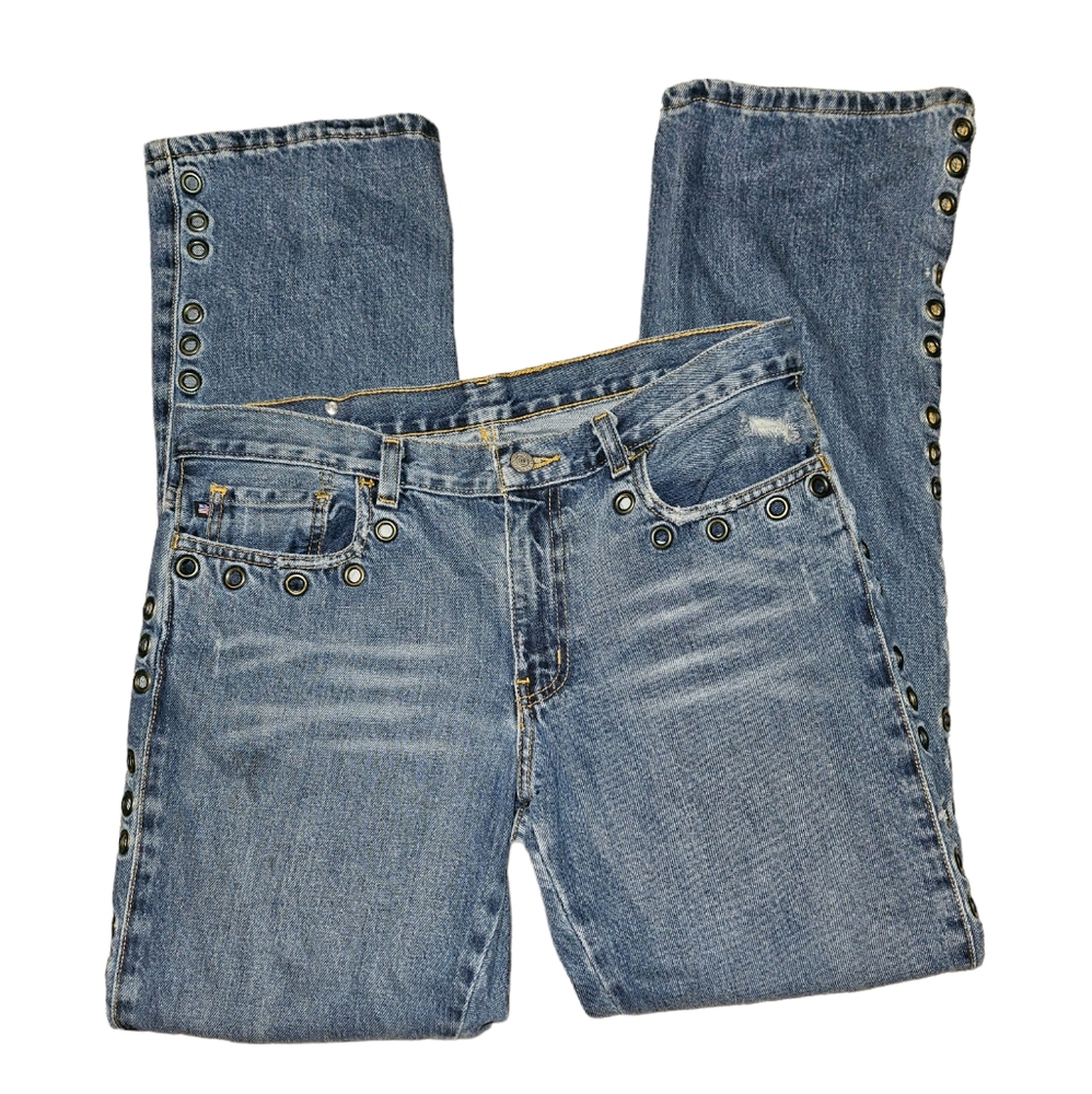 Ralph Lauren Side metal Grommet Moto Rock Grunge Signature Boot Blue Jeans 10